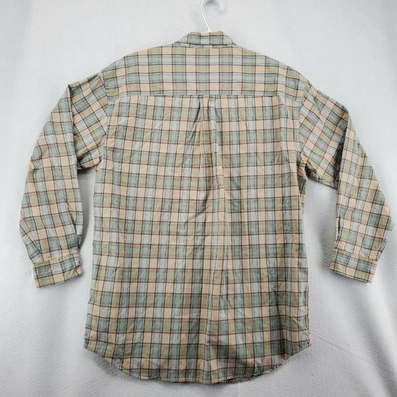 L L Bean Shirt Men's 3/4 Sleeve Button Up Reg Fit Plaid Green Blue Cream Medium - Picture 8 of 12